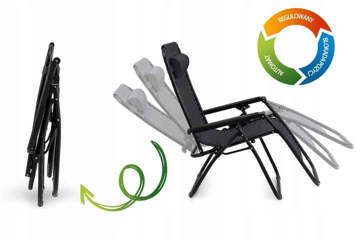 Leżak Ogrodowy WZMACNIANY ZERO GRAVITY metal czarny składany GRATIS PÓŁKA!