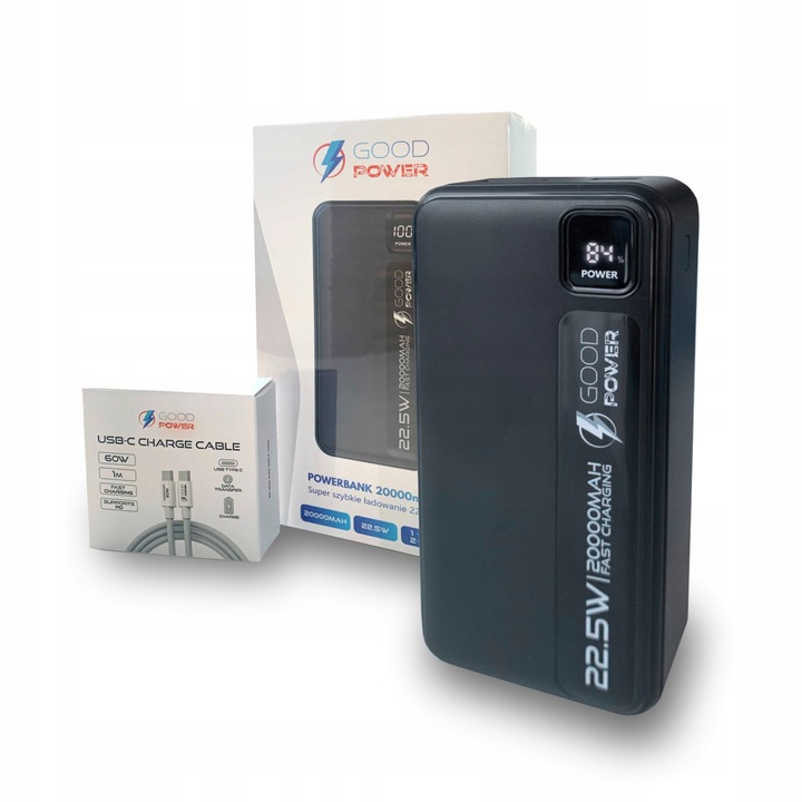 POWERBANK 20000mAh 22,5W DUŻA POJEMNOŚĆ + KABEL USB-C 60W GOODPOWER