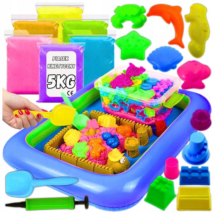 PIASEK KINETYCZNY 5kg +BASEN FOREMKI ŁOPATKA PIASKOWNICA WIADERKO ZESTAW XL