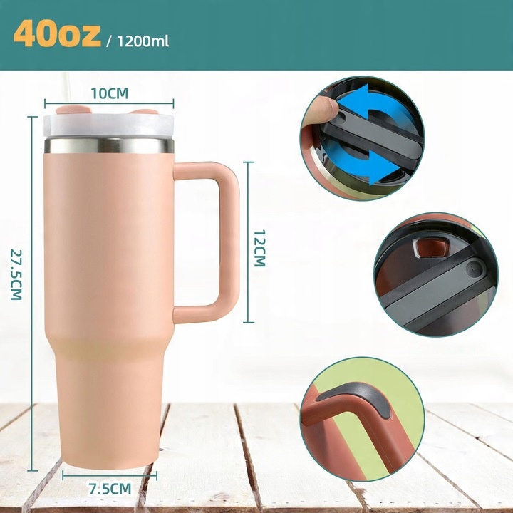 DUŻY Iceflow Kubek Termiczny do samochodu 40OZ z Straw różowy 1200ML