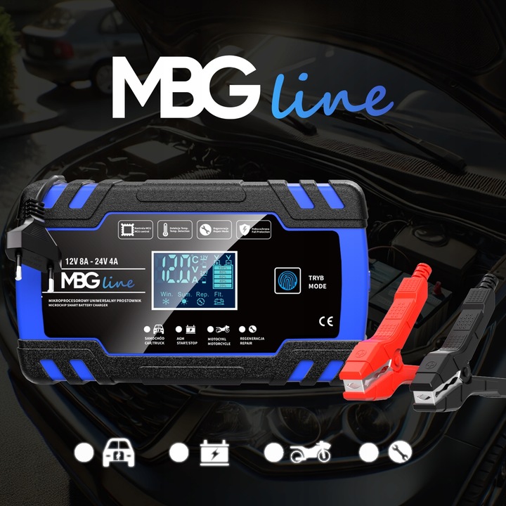 Mocny Prostownik Samochodowy Ładowarka Akumulatora LCD 24V 12V 8A AUTOMAT