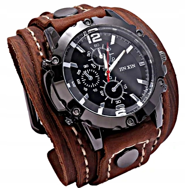 Czarny zegarek męski skórzany szeroki pasek retro casual duża tarcza MD