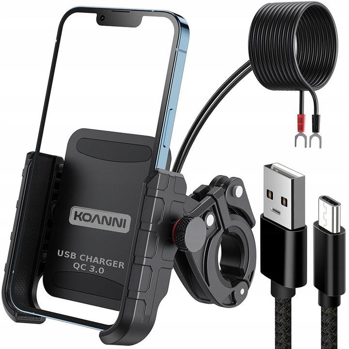 UCHWYT MOTOCYKLOWY NA TELEFON ŁADOWARKA USB 12/24v + KABEL USB 20cm