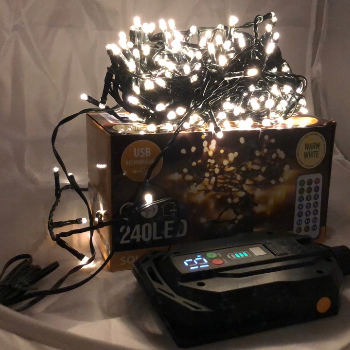 Lampki choinkowe 2w1 SOLARNE + AKUMULATOR 240 LED ciepłe 13 programów 11m
