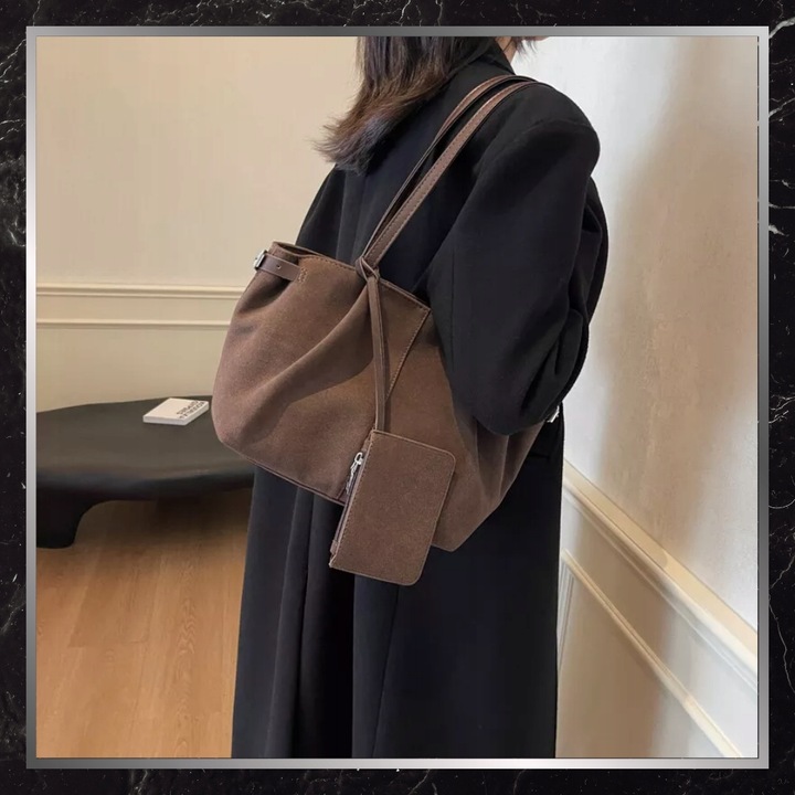 Torebka Damska A4 Na Ramię Brązowa Torba Pojemna Elegancka Skóra Zamszowa