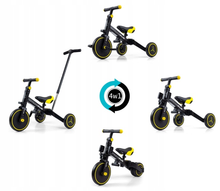Milly Mally Rowerek 4w1 Optimus Plus Black Czarny Żółty z Rączką Regulowany