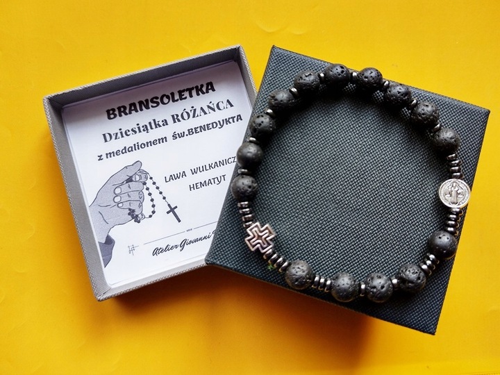 Bransoletka męska RÓŻANIEC na rękę LAWA WULKANICZNA św.Benedykt 174L