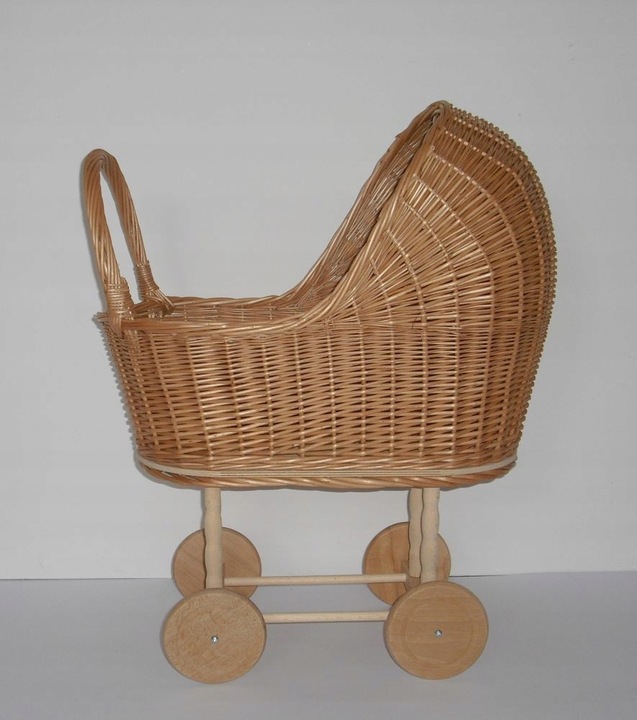Wózek wiklinowy dla lalek NATURALNY pchacz pościel