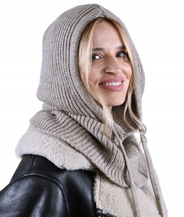 CZAPKA Kominiarka KAPTUR komin Balaclava damska ciepła miekka zimowa Latte