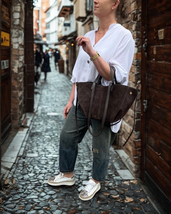 Czekoladowa zamszowa torebka brązowa shopper ZAMSZ NATURALNY łódka