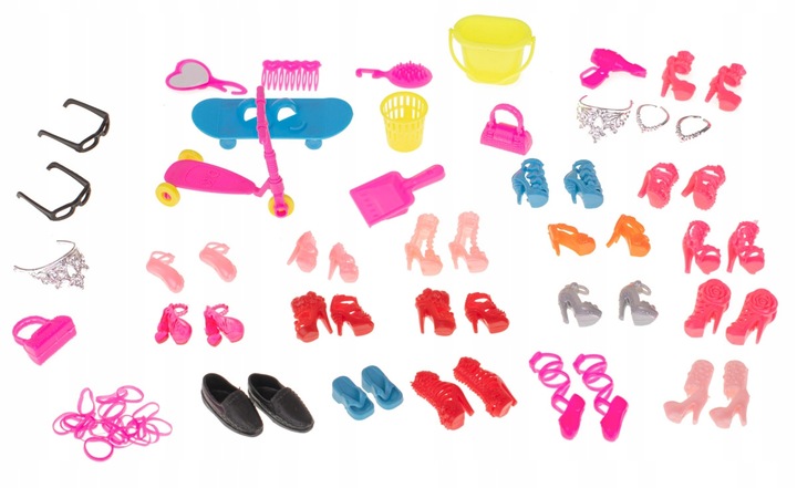 AKCESORIA DLA LALEK SUKIENKI BUTY TOREBKI WIESZAKI GARDEROBA 85 ELEMENTÓW