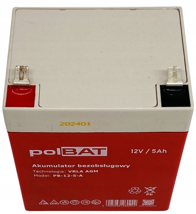 AKUMULATOR VRLA AGM 12V 5Ah POLSKA MARKA BEZOBSŁUGOWY (wymiar 4.5Ah) UPS