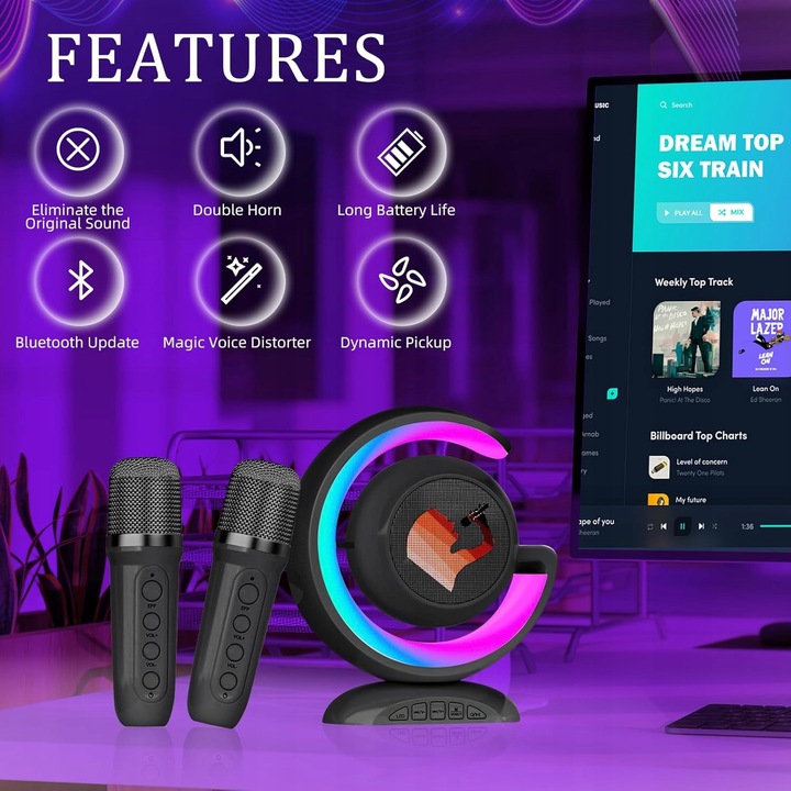 BEZPRZEWODOWY ZESTAW DO KARAOKE DLA DZIECI BLUETOOTH GŁOŚNIK + 2 MIKROFONY