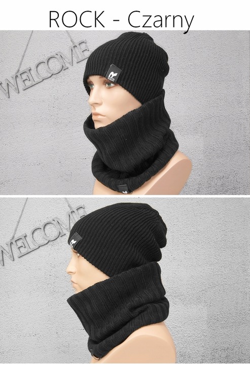 Zimowy KOMPLET Męski CZAPKA + KOMIN + RĘKAWICZKI DO TELEFONU CIEPŁY czarny