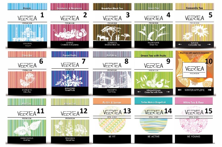 Herbata VEERTEA zestaw 128 saszetek z 16 smaków, 8 saszetek z każdego smaku