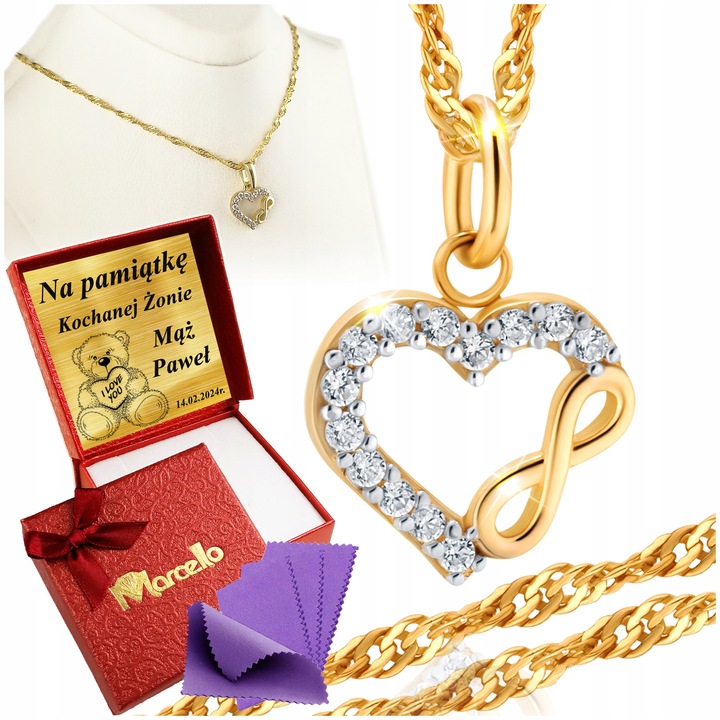 Złoty Łańcuszek 585 Naszyjnik Wisiorek Serce Grawer UPOMINEK GRATIS