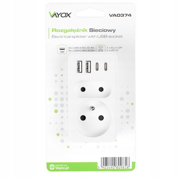 ROZGAŁĘŹNIK ELEKTRYCZNY 2 GNIAZDA ZŁODZIEJKA ŁADOWARKA 2x USB-C 2xUSB VAYOX