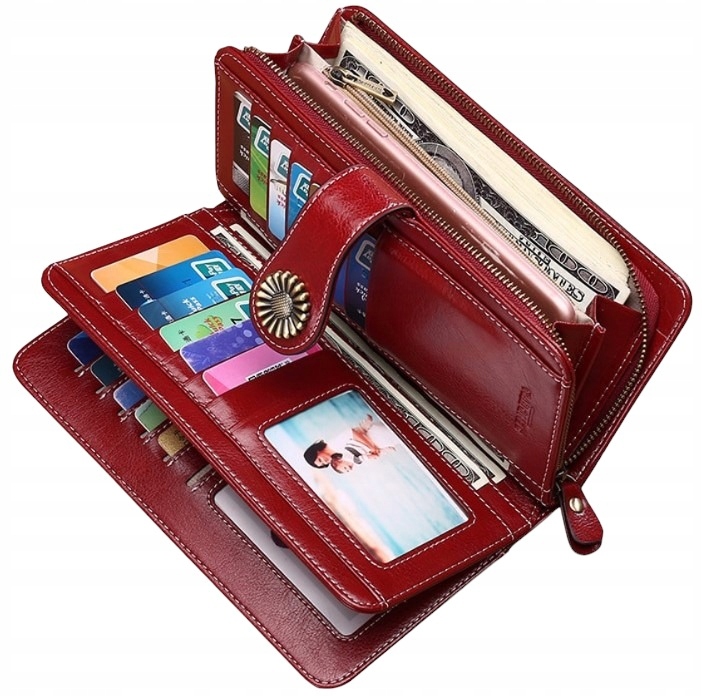 PORTFEL DAMSKI ELEGANCKI DUŻY POJEMNY NA KARTY RFID Z PASKIEM CZERWONY