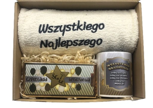 PREZENT NA URODZINY 18-70 Zestaw Kosz Prezentowy Ręcznik Kubek Czekolada