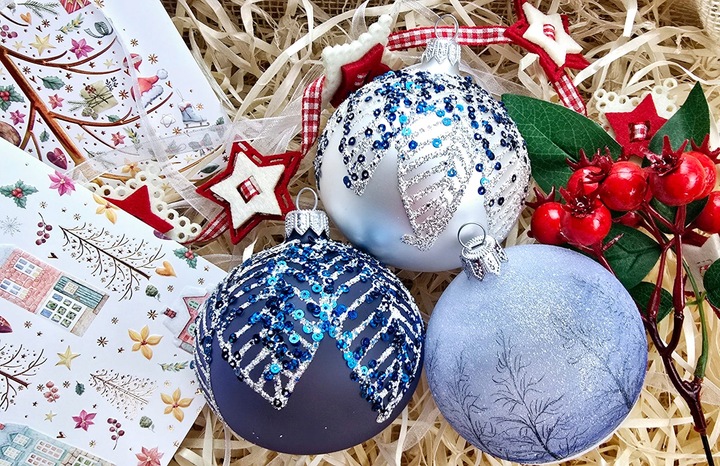 Bombki choinkowe szklane ręcznie malowane, 8cm, komplet 6 sztuk