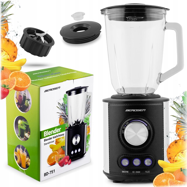 DUŻY BLENDER KIELICHOWY SZKLANY BERDSEN 800W CZARNY 1,5L