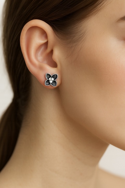 Srebrne kolczyki wkrętki kwiatki czarne sztyfty kolczyki srebro rodowane