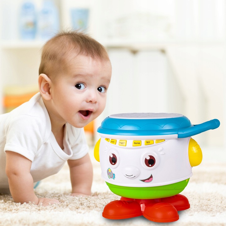 BĘBENEK MUZYCZNY INTERAKTYWNY OBROTOWY DLA DZIECI ŚWIATŁO ŚMIECH DZIECKA