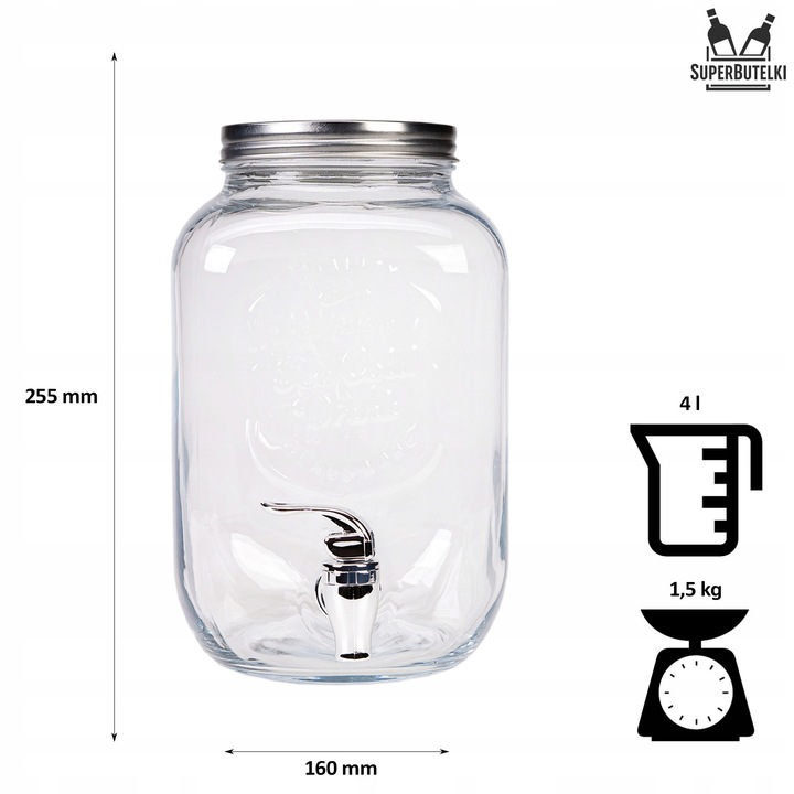 SŁÓJ Z KRANIKIEM 4L SZKLANY SŁOIK NA LEMONIADE NAPOJE WODE DUŻY POJEMNIK