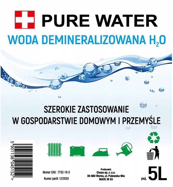 Woda DEMINERALIZOWANA DESTYLOWANA 20L (4x5L) DO ŻELAZKA,DO AKUMULATORÓW