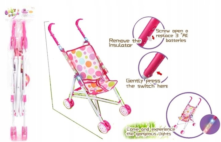 WÓZEK ZE ŚWIATŁEM DLA LALEK SPACERÓWKA PARASOLKA