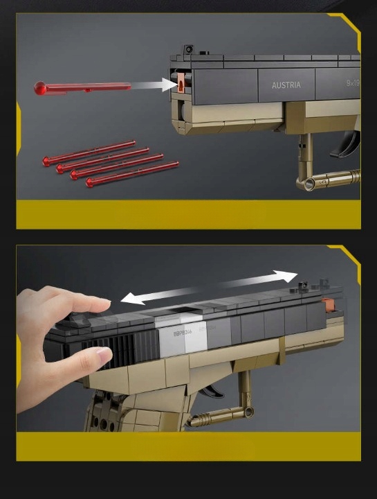 KLOCKI CADA BROŃ GLOCK 17 MECHANICZNY PISTOLET 338 ELEMENTÓW + 5 NABOI