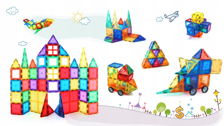 DUŻE KLOCKI MAGNETYCZNE KAFELKI KONSTRUKCYJNE ZESTAW 100 EL RAINBOW PANELE