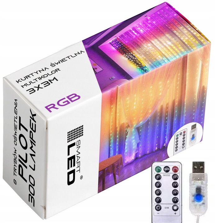 Kurtyna Świetlna LED 3x3 M Lampki świąteczne choinkowe girlanda RGB pilot