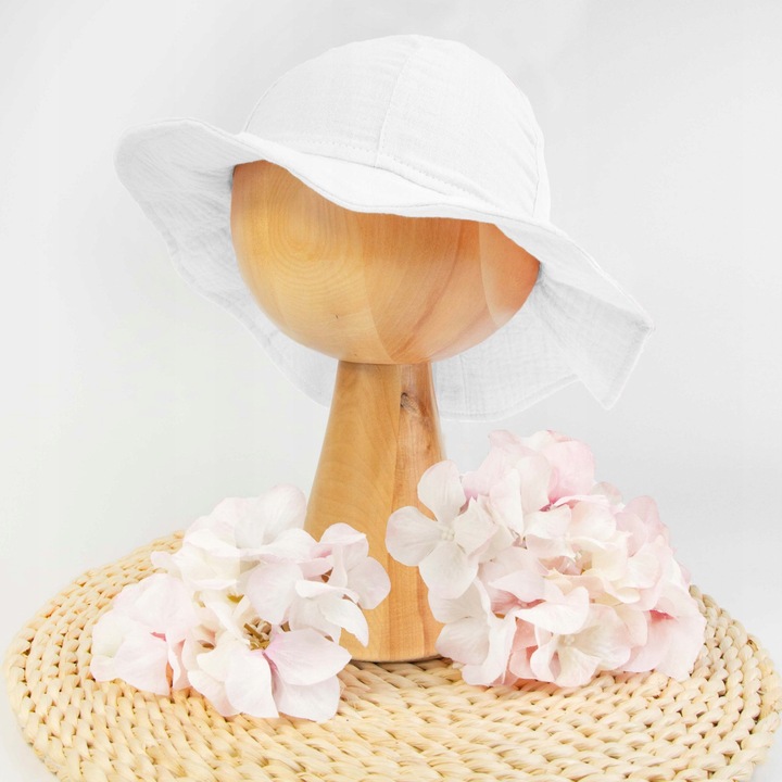 KAPELUSZ MUŚLINOWY Z KOKARDĄ letnia czapka dziecięca dla dziewczynki 48-50