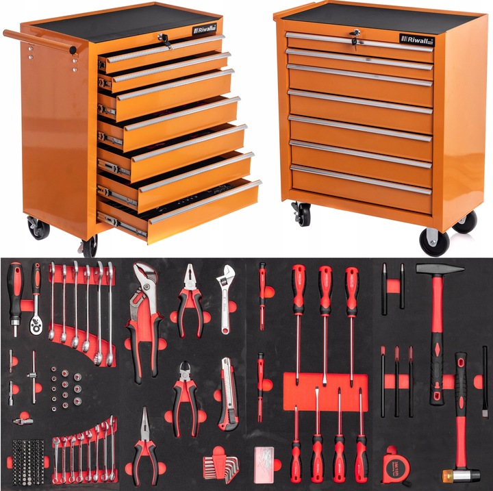 SZAFKA POMARAŃCZOWA WARSZTATOWA WÓZEK NARZĘDZIOWY 688 EL. PRO 7 SZUFLAD