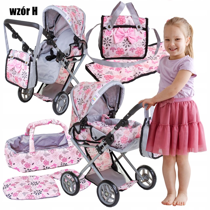 Wózek dla lalek 3w1 ŁÓŻECZKO KRZESEŁKO POŚCIEL TORBA PRZEWIJAK ZESTAW XXL