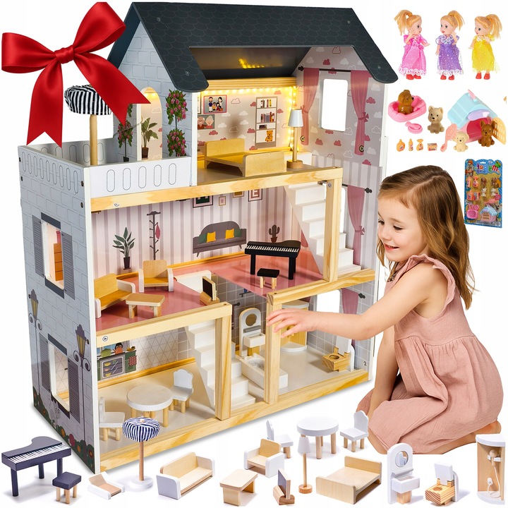 DOMEK DLA LALEK DREWNIANY LED Akcesoria Laleczki 3 Poziomy Duży Mebelki