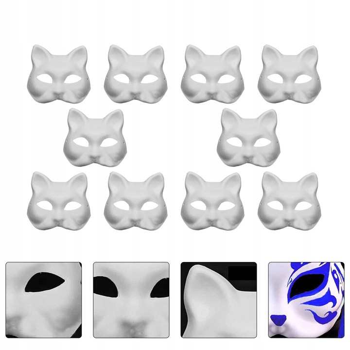 10× DIY PUSTE, RĘCZNIE MALOWANE MASKI MASKA KOT + 2× PĘDZLE + 12× FARBA