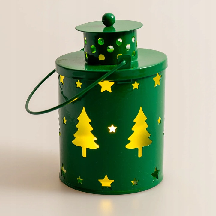 Lampion adwentowy na roraty dla dzieci metalowy zielony choinki LED 12,5 cm