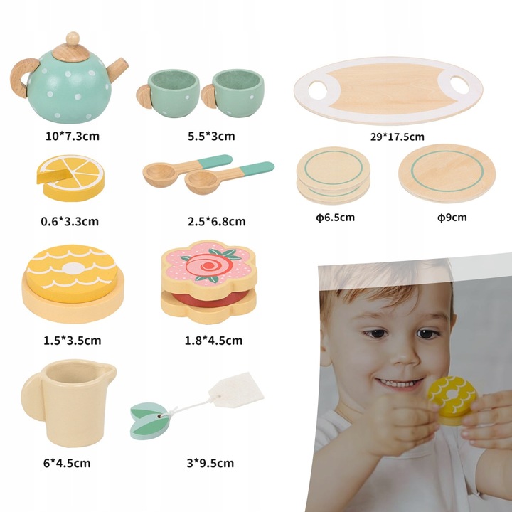 ZESTAW DO HERBATY KAWY DLA DZIECI DREWNIANY SERWIS KAWOWY DO ZABAWY PREZENT