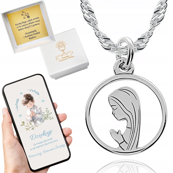 Łańcuszek srebrny medalik komunijny Matka Boska srebro 925 chrzest 45cm