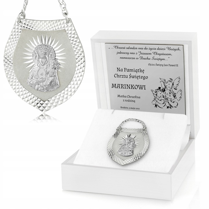 Srebrny Ryngraf z Matką Boska Pamiątka Chrztu Świętego Grawer dla Dziecka