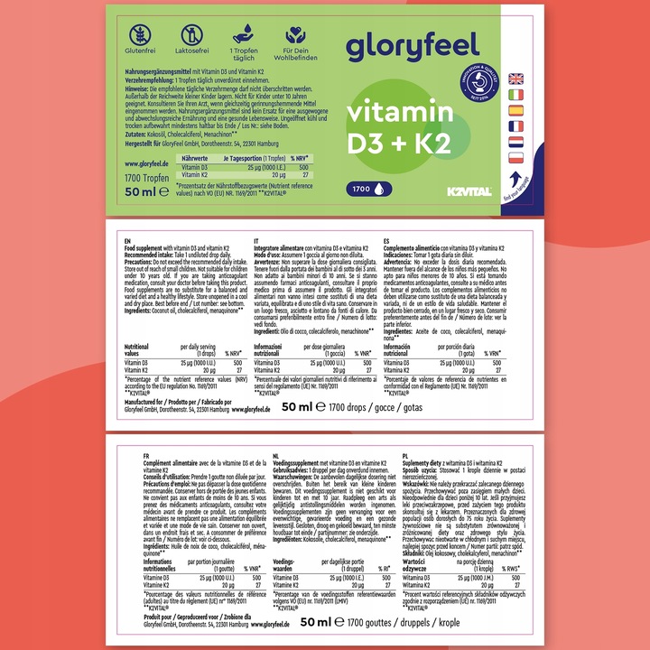 WITAMINA D3 K2 MK7 - 1700 kropel 50 ml - Menachinon Premium gloryfeel