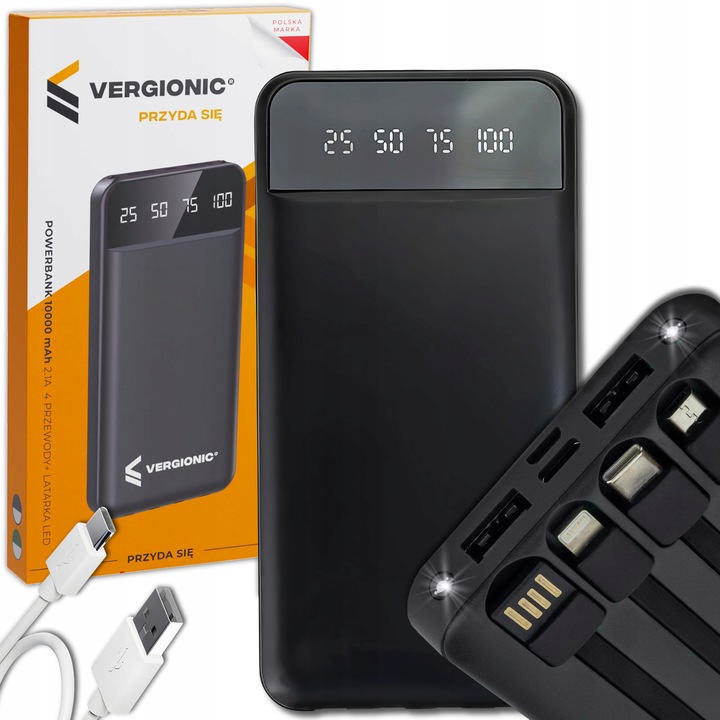 Powerbank 10000 mAh POWER BANK z latarką lightning, microUSB, USB-C, USB