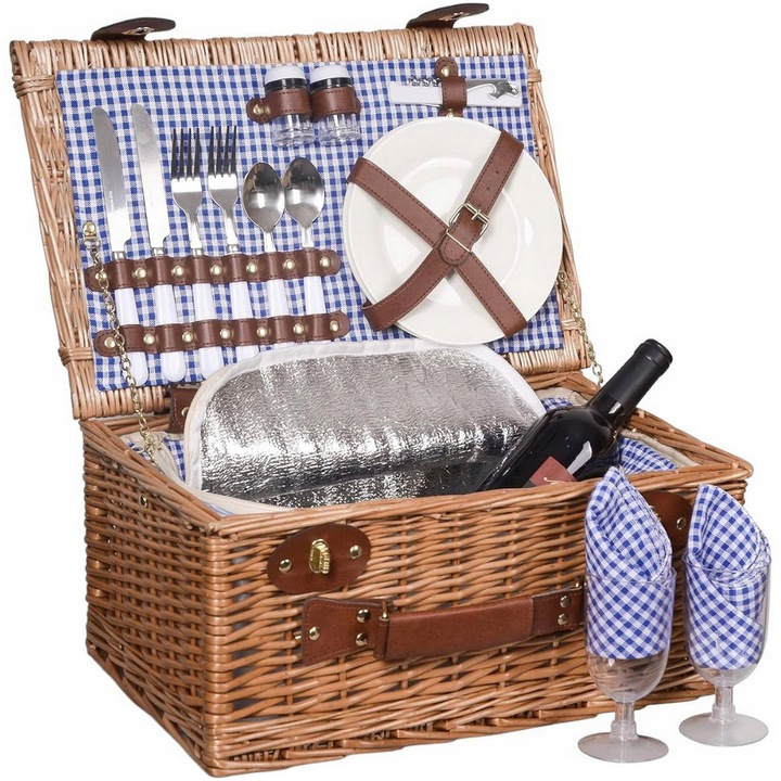 Kosz piknikowy termiczny wiklinowy wyposażenie sztućce talerze 2 osób zesta