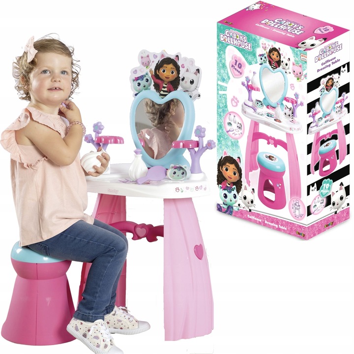 KOCI DOMEK GABI TOALETKA Z LUSTREM TABORET SALON PIĘKNOŚCI + 10 AKCESORIÓW