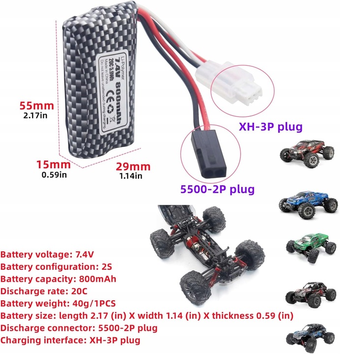 Zestaw 2 baterii 7,4 V 800 mAh Kompatybilne samochody RC 9130, 9135, 9136