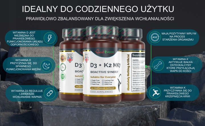Naturalna witamina D3 2000IU + K2 100mcg Najwyższa Biodostępność