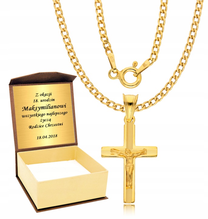 Złoty Łańcuszek 925 Krzyżyk Męski Grawer Dzień Taty Komunia