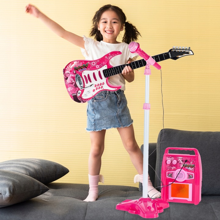 GITARA ELEKTRYCZNA DUŻA DLA DZIECI Z MIKROFONEM WZMACNIACZ STATYW RÓŻOWA